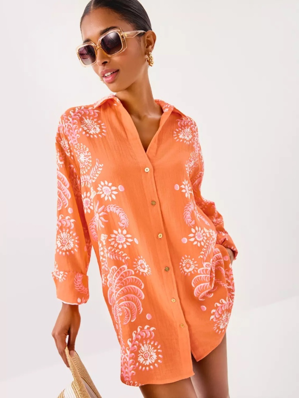 NWT Lilly Pulitzer Kwitney Papaya Breezy Palm Button Down Cotton Gauze Cover Up